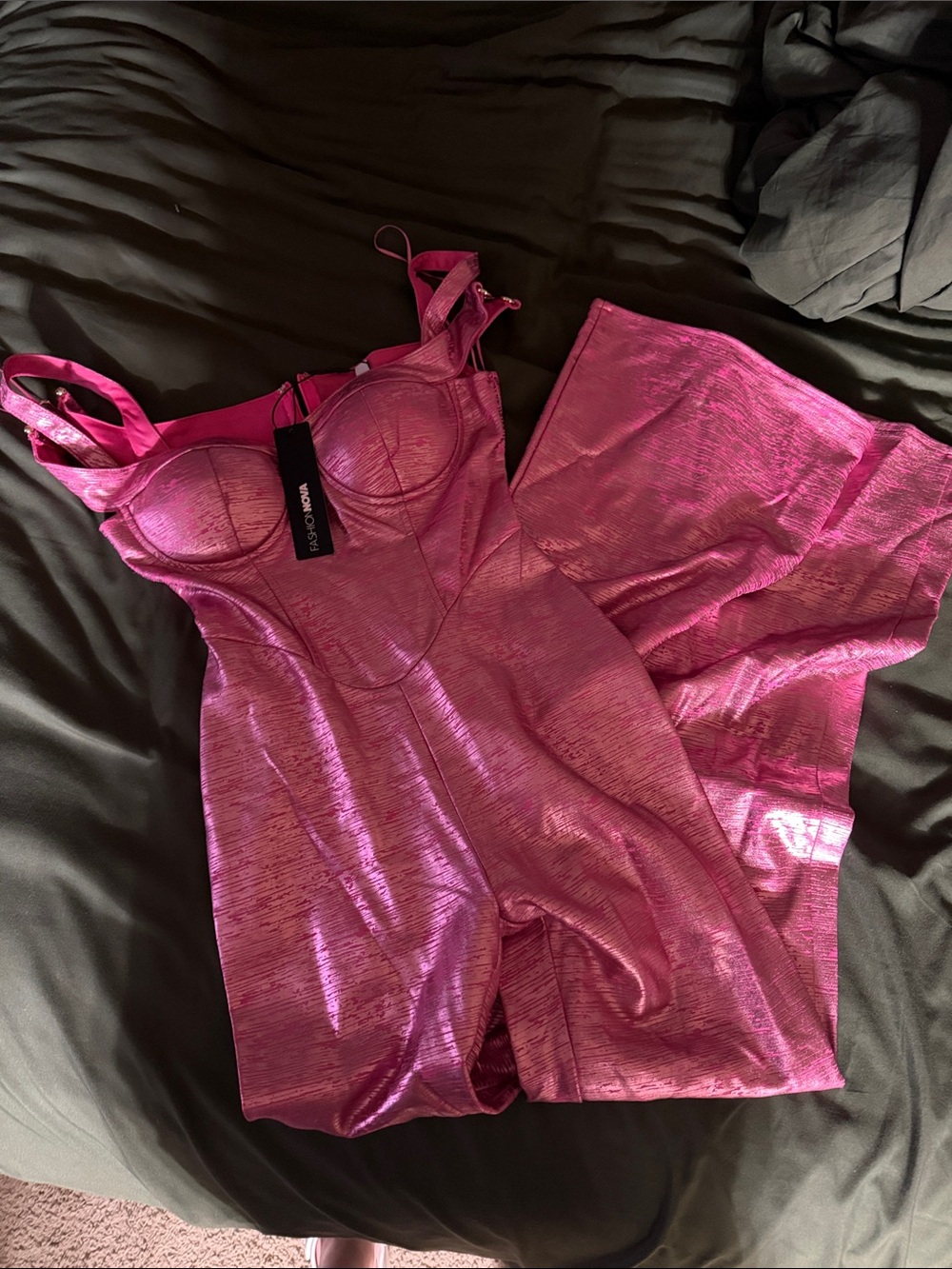Fashion Nova Hot Pink Metallic Bustier Jumpsuit xs